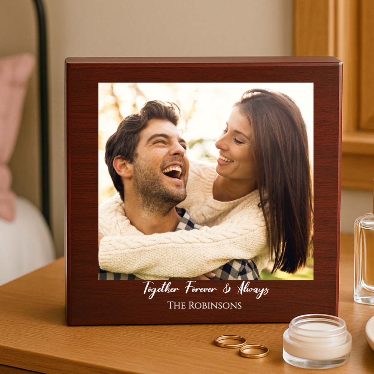 Personalized photo print keepsake box with full color couple photo on cherry wood lid, custom names and phrase printed beneath image