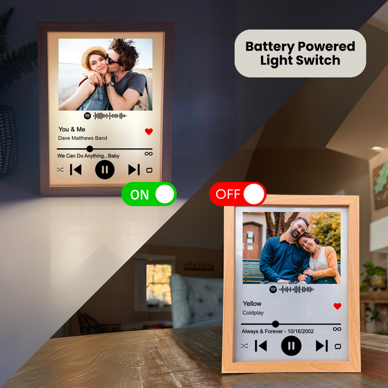 Two personalized Spotify code frames displayed side by side, showing sample photos with song titles, artist names, and dates, demonstrating battery-powered light switch toggle between on and off states