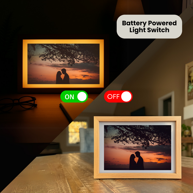 Wood-framed light-up photo display with sunset couple silhouette, shown with battery-powered on and off switch toggles displayed above