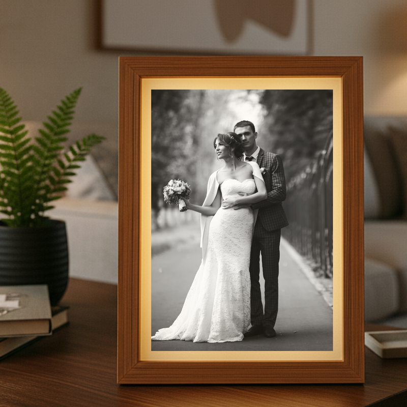 Wooden picture frame with warm gold mat displaying black and white wedding photo of couple, positioned on wooden surface beside fern plant and books.