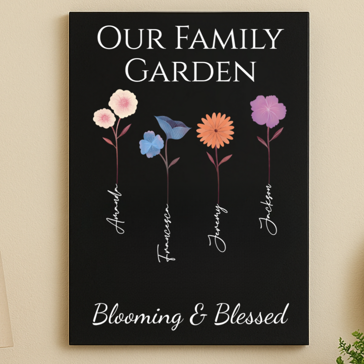 Personalized family garden canvas with four colorful birth flowers and custom names in script on black leatherette background