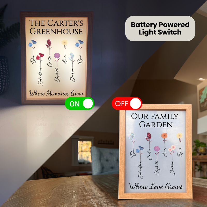 Two personalized family bloom frames displayed side by side, one with dark wood frame showing sample names and "Where Memories Grow" text with battery-powered light on, one with natural wood frame showing sample names and "Where Love Grows" text with light off.