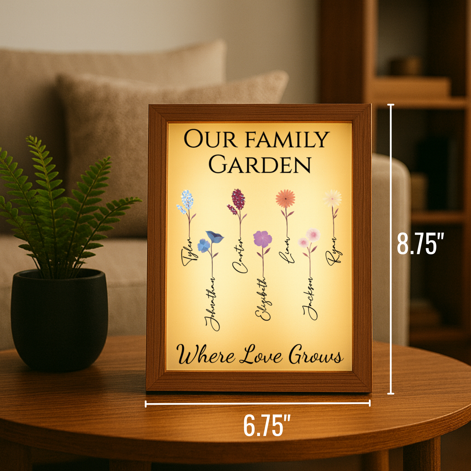 Custom Illuminated Garden Frame with Names and Flowers – Gift for Her