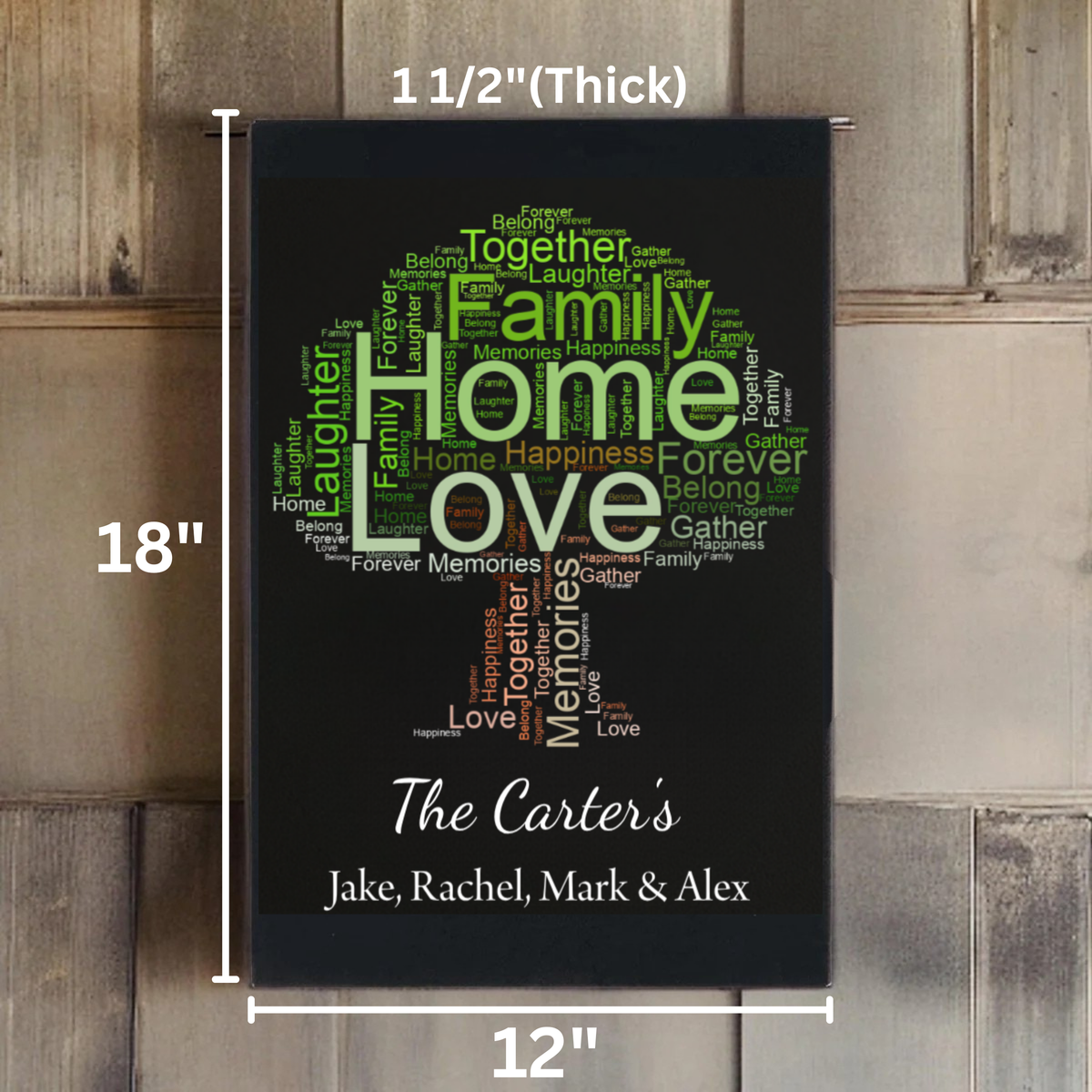 Black leatherette sign with word art tree design featuring green and orange text, personalized with sample family name "The Carter's" and names Jake, Rachel, Mark &amp; Alex, measuring 12 by 18 inches