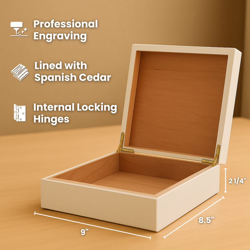 Open wooden keepsake box with white exterior, Spanish cedar lining, brass hinges, and dimensions labeled 9" by 8.5" by 2.25