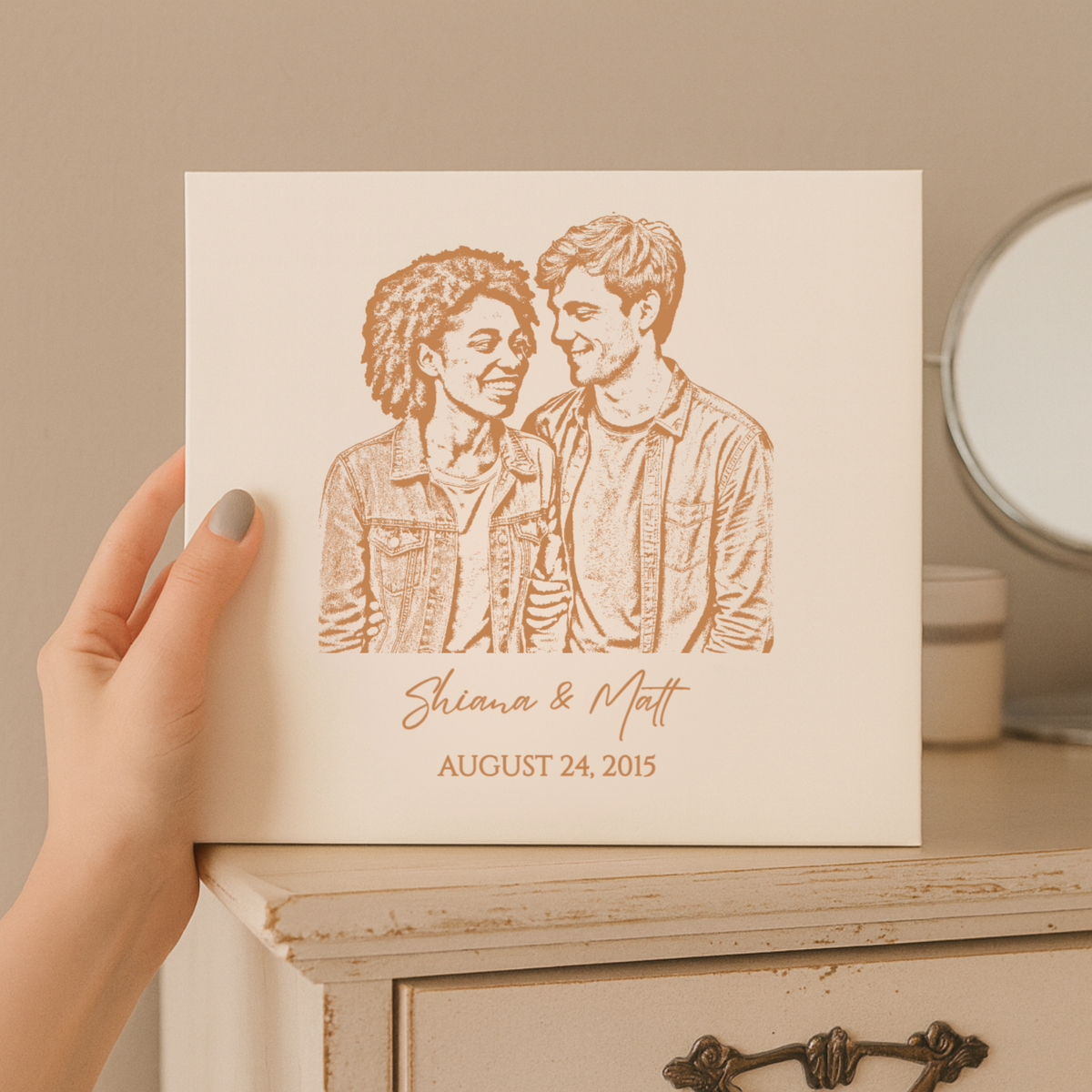 Personalized laser engraved photo keepsake box with custom couple portrait, names and date on smooth matte white wood finish