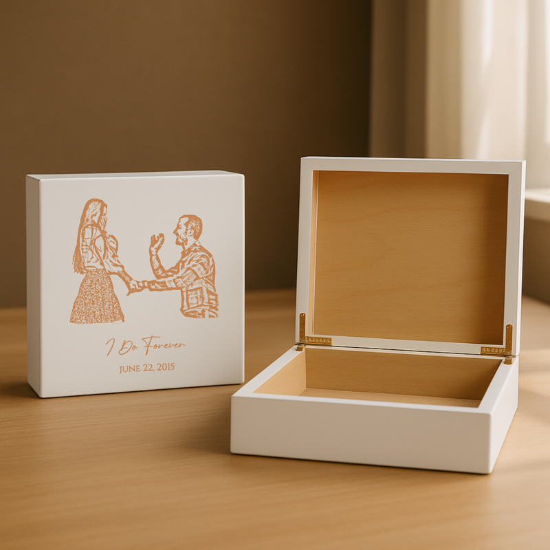 White keepsake box with open lid showing gold interior and brass hinges, alongside closed lid engraved with sample illustration of couple and text "I Do Forever JUNE 22, 2015" in orange.