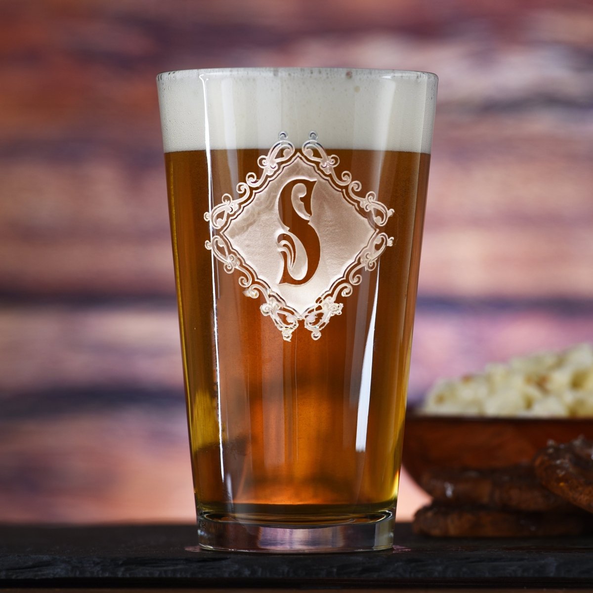 Diamond Crest personalized pint glass with sand-carved diamond monogram shield