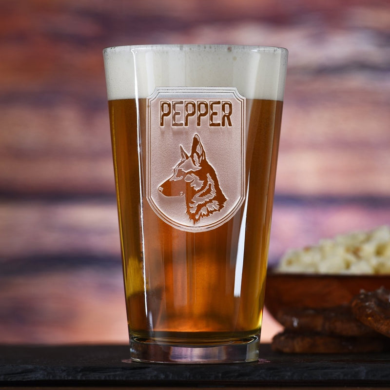 Dog Dad personalized pint glass with sand-carved dog breed silhouette and pup name