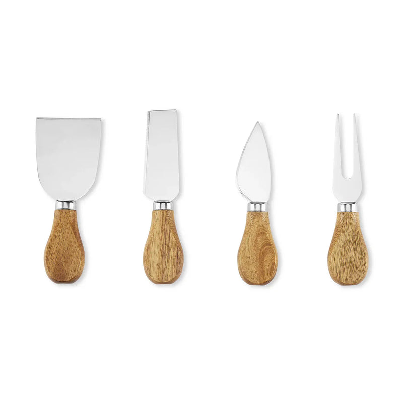 Four stainless steel cheese knives and spreaders with natural wood handles, arranged in a row against a white background.