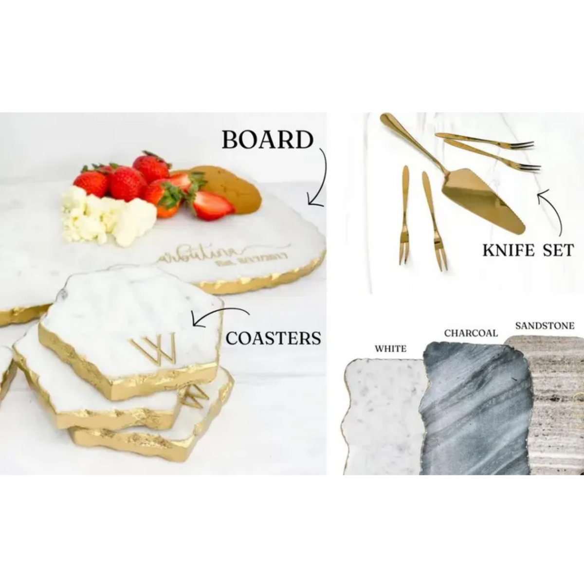 Product lineup showing marble charcuterie board with sample engraving, matching coasters in white and charcoal, and gold-plated knife set with serving utensils