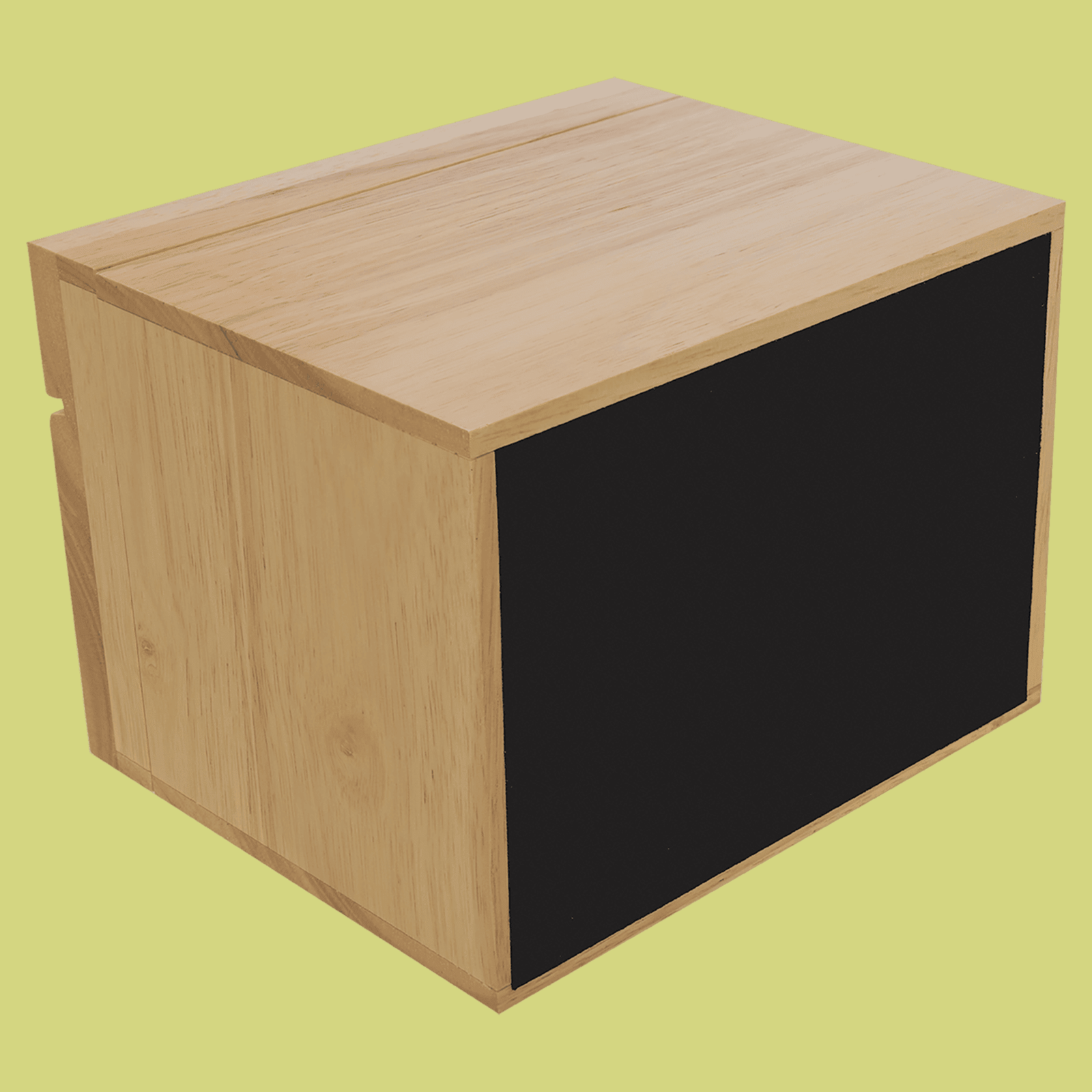 Light wood recipe box with natural grain finish and black chalkboard panel on front, shown against yellow background