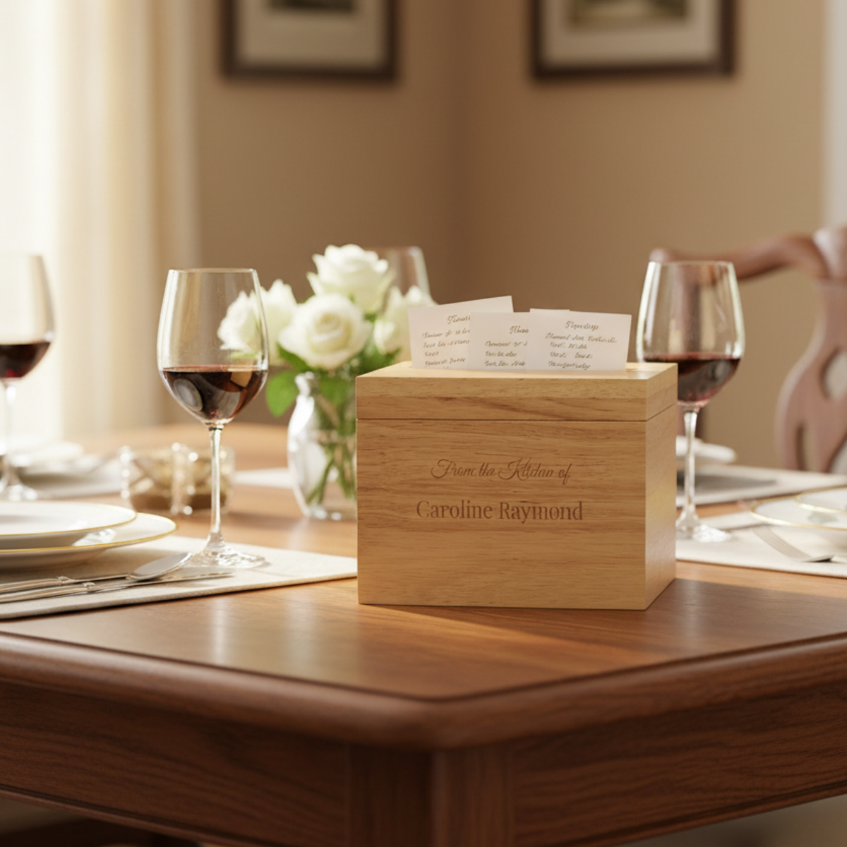Natural wood recipe box with laser-engraved text reading "From the Kitchen of Caroline Raymond" displayed on dining table with wine glasses and white roses.