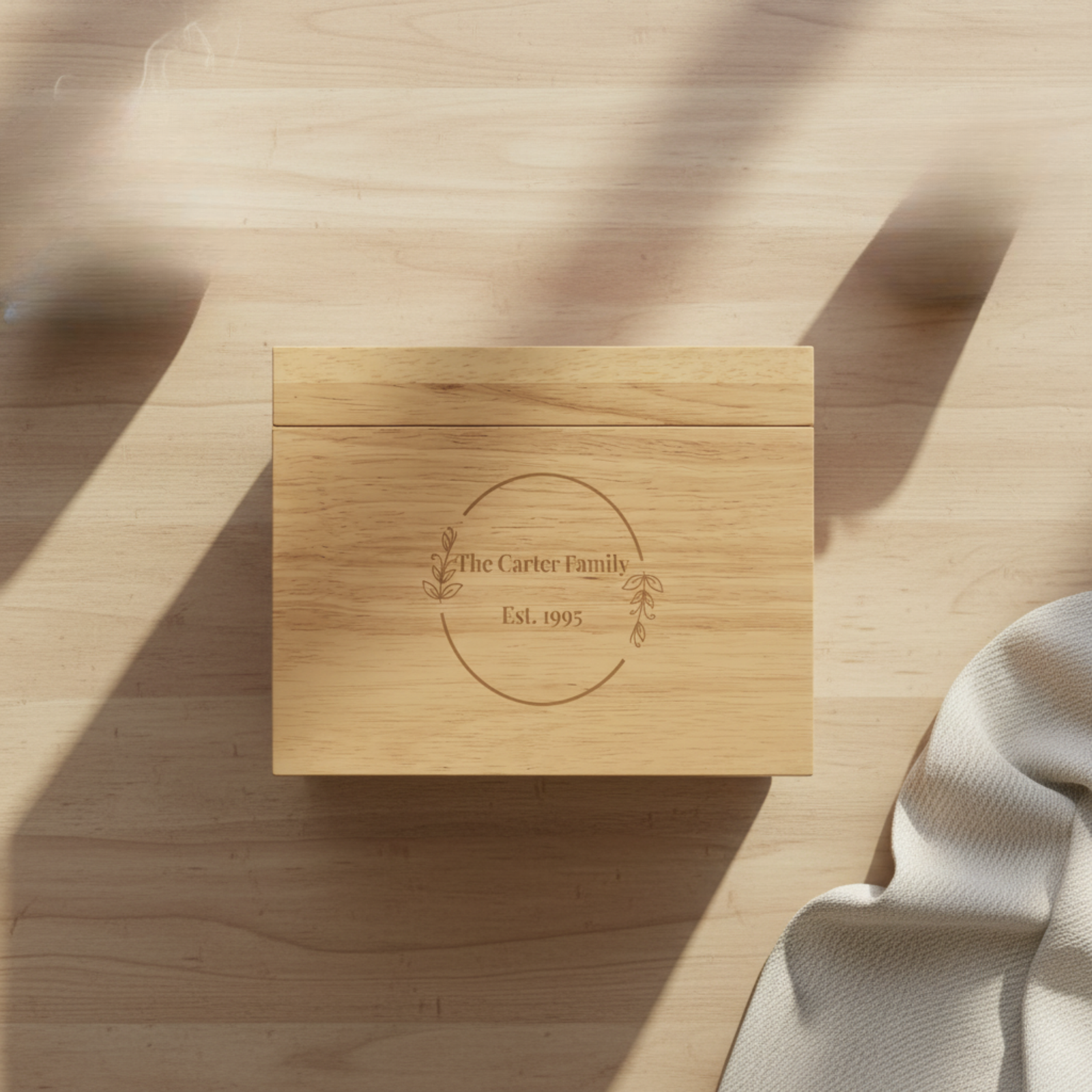 Natural wood recipe box with laser-engraved text reading "From the Kitchen of Caroline Raymond," displayed on a white kitchen counter.