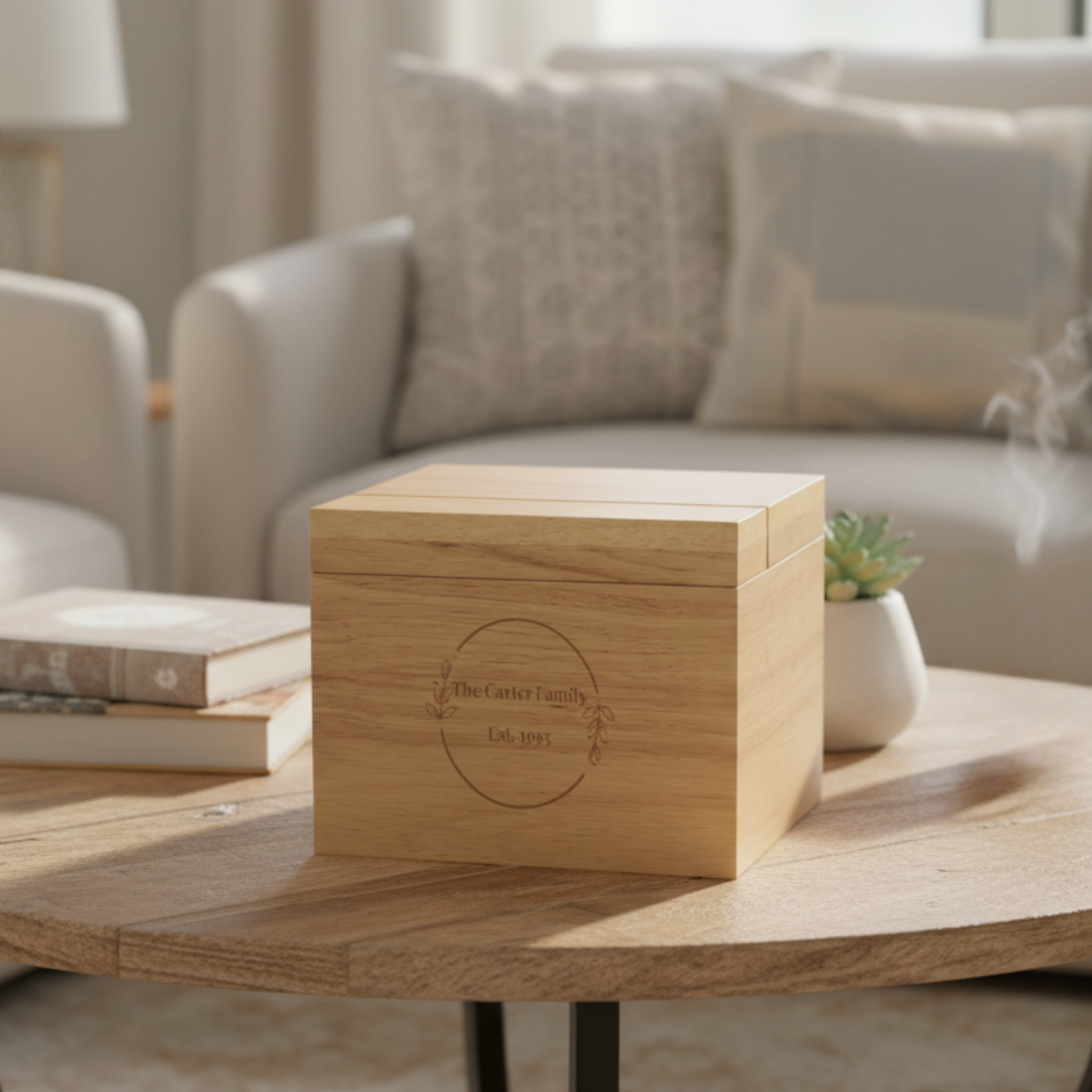 Natural wood recipe box with laser-engraved sample text "The Carter Family" and "Est. 1993" displayed on round wooden table in living room setting