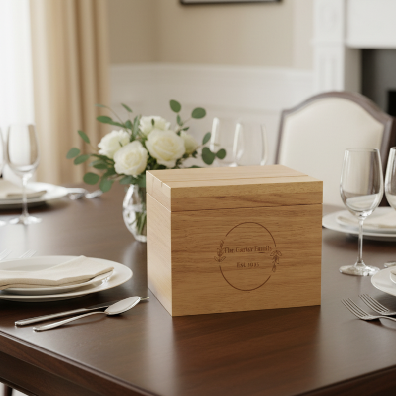 Light wood recipe box engraved with sample family name "The Carter Family" and date "Est. 1935" displayed on dining table with place settings and white floral arrangement