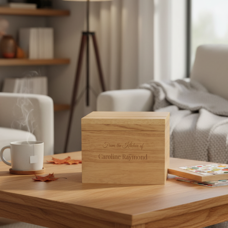 Light wood recipe box with laser-engraved text reading "From the Kitchen of Caroline Raymond" displayed on wooden table beside white mug and magazines