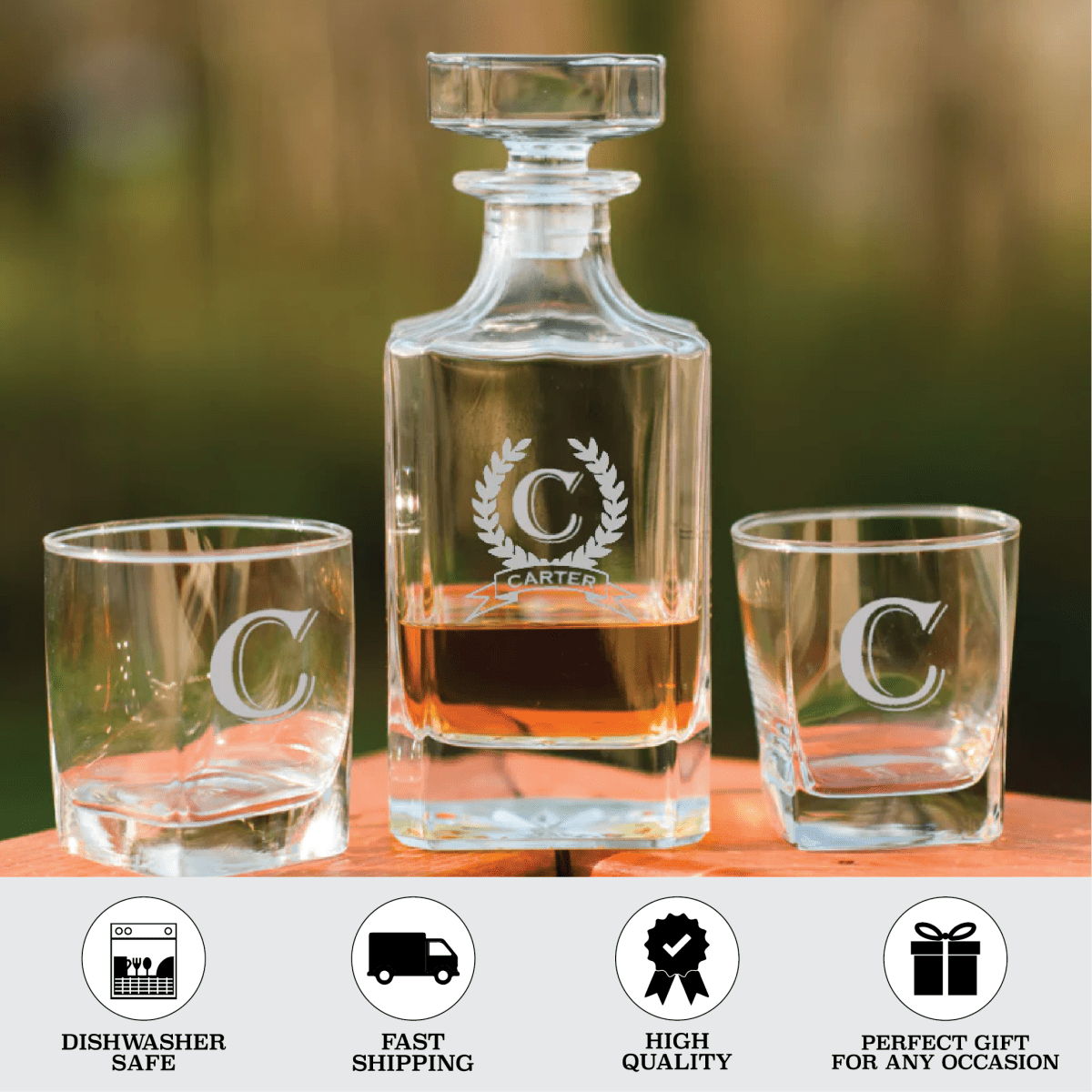  Personalized whiskey decanter set with engraved initial and matching rocks glasses Willow and Hive