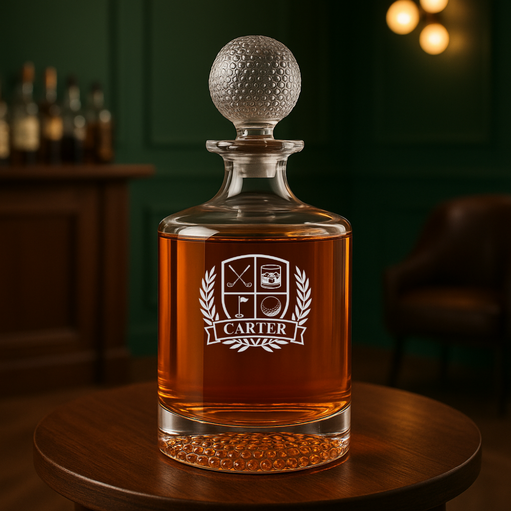 The Gentleman Golfer's Whiskey Decanter, personalized lead-free glass decanter with golf crest, crossed irons design, and golf ball stopper