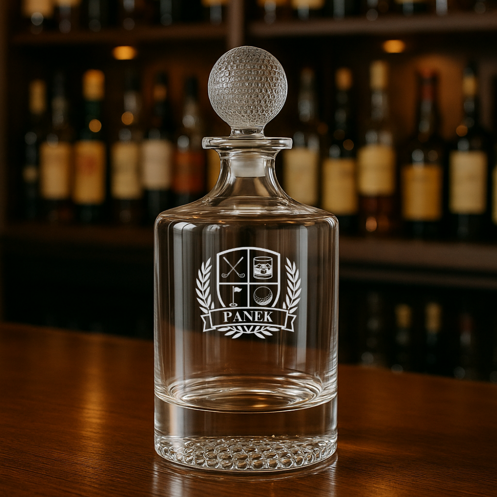 Whiskey decanter with laser-etched golf crest featuring crossed irons, golf ball, and putting green, with sample name "PANEK" on laurel banner, golf ball-textured stopper, displayed on wood surface with bar backdrop