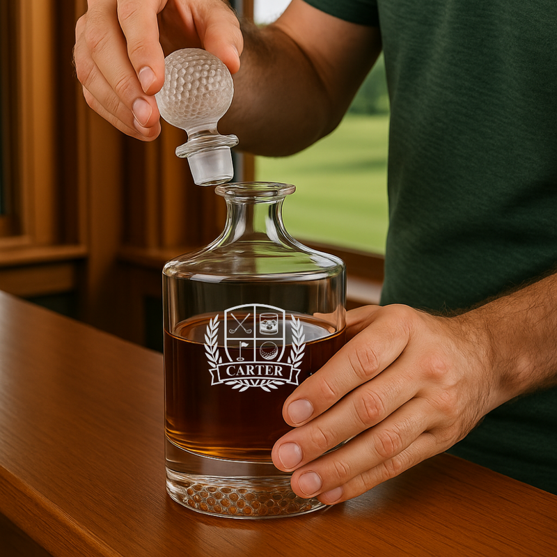 Hands holding a golf-ball textured stopper above a whiskey decanter laser-etched with sample name "CARTER" on a laurel crest with golf icons