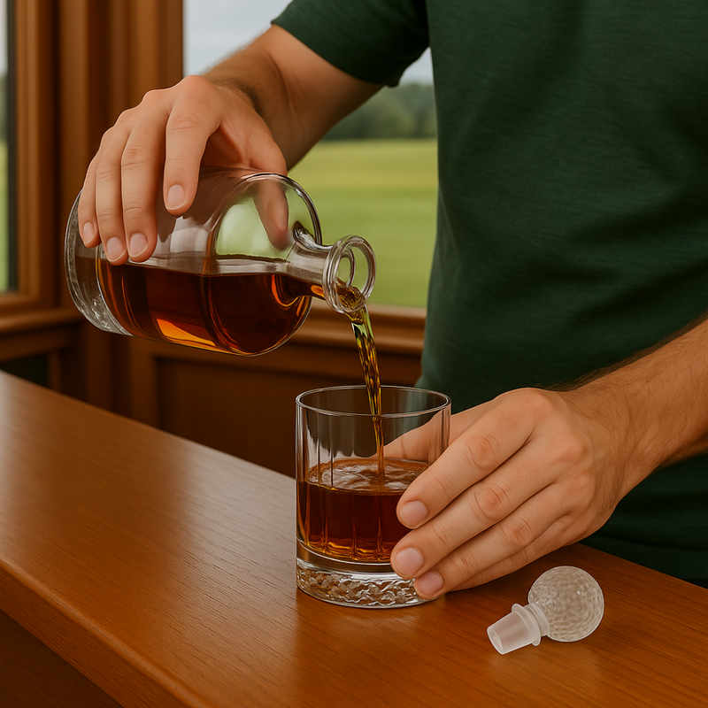 Person pouring amber liquid from a glass decanter with golf ball-textured stopper into a rocks glass on a wooden table.