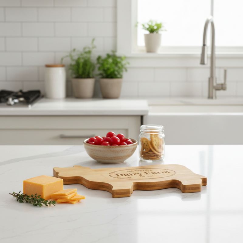 Cow-shaped wooden cutting board laser-engraved with sample text "Dairy Farm," displayed on white kitchen counter with cheese, herbs, and tomatoes