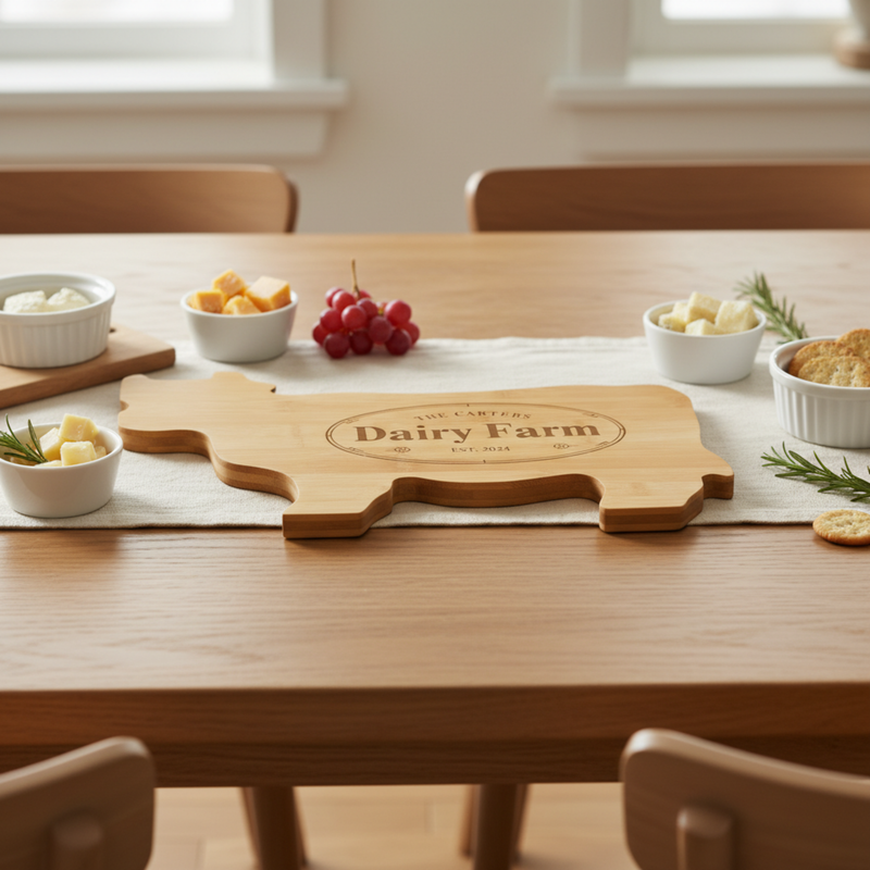 Cow-shaped wooden cutting board with laser-engraved sample text "The Carters Dairy Farm EST. 2024" displayed on dining table with cheese, crackers, and appetizers