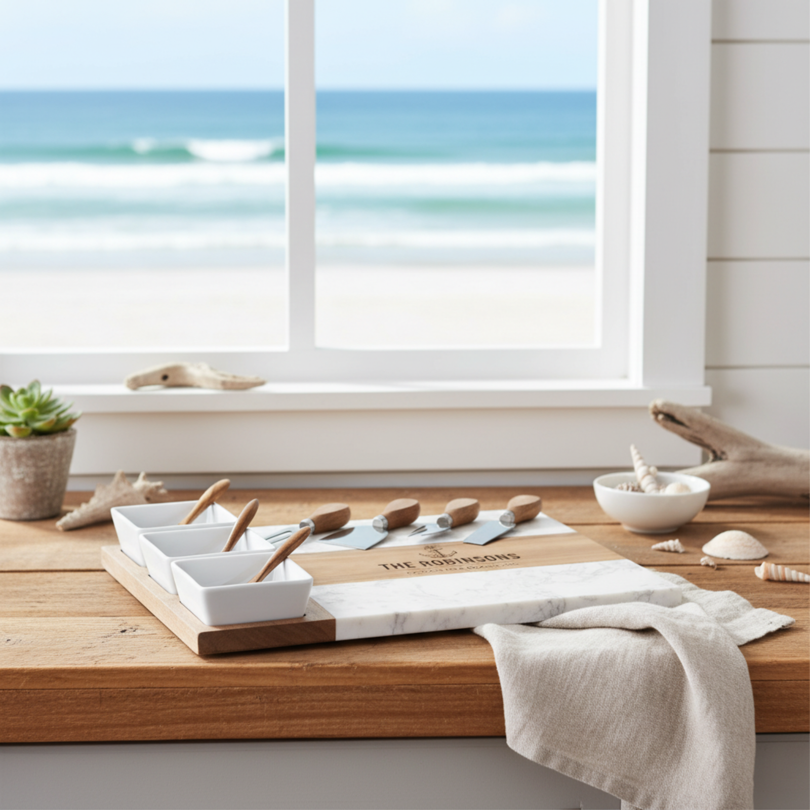 Coastal charcuterie set displayed on windowsill with ocean view, showing marble bowls with wooden handles, acacia wood base engraved with sample text "THE JOHNSTONS", and decorative beach elements.