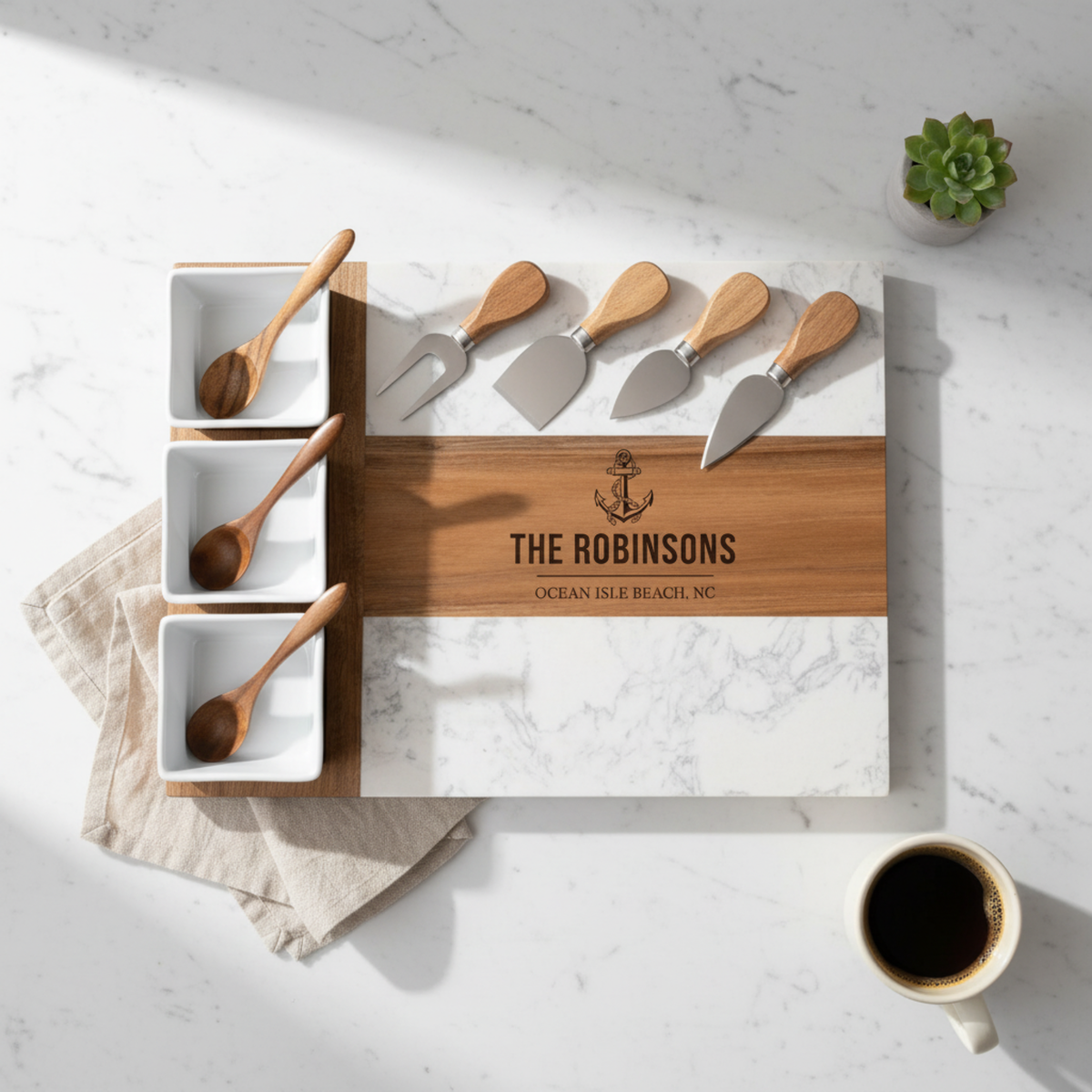 Personalized cutting board set with Coastal design with utensils on a marble surface