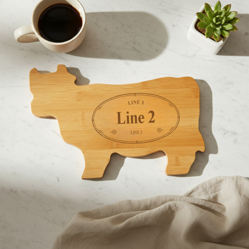 Bamboo cow-shaped cutting board with sample text engraved across center showing three customizable text lines positioned on the board surface