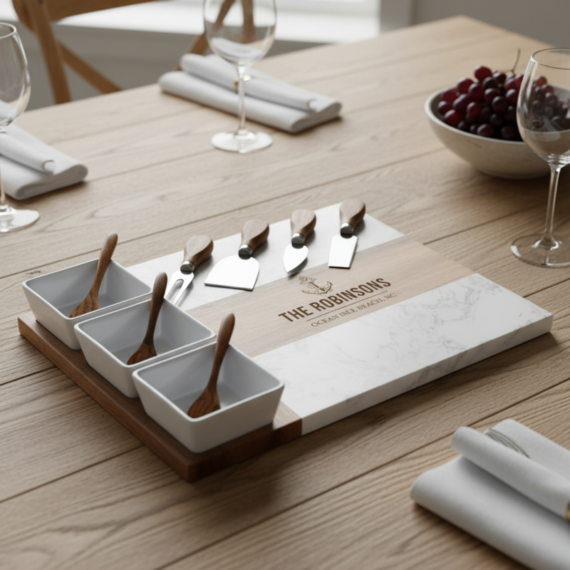 Charcuterie set with white marble and acacia wood base, engraved with sample text "THE ROBINSONS" and "OCEAN ISLE BEACH NC", featuring ceramic bowls with wooden spoons and server cards