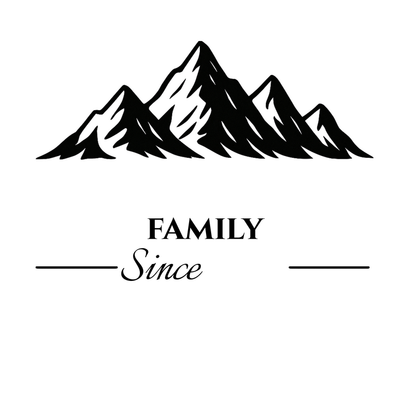 Black and white mountain range illustration with "FAMILY" and "Since" text and blank lines for customized name and year