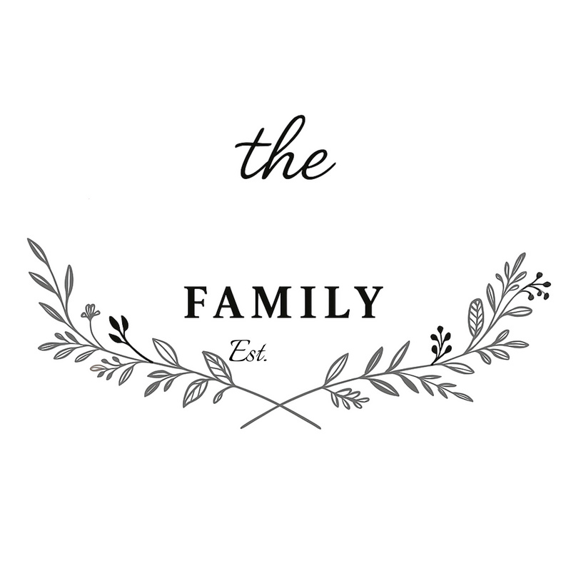 Sample design showing "the FAMILY" text with "Est." and decorative leaf flourishes, customizable with family name and established year