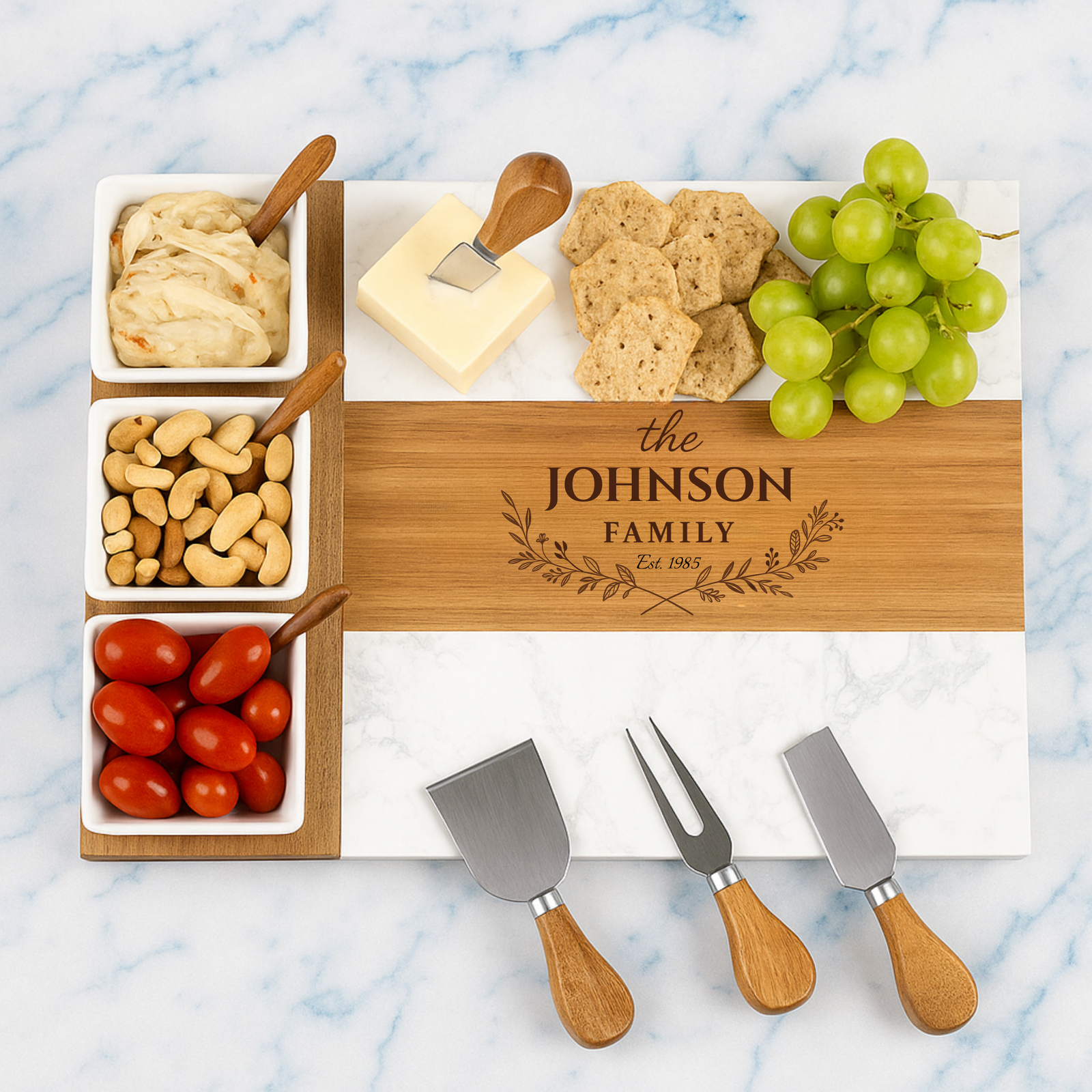 Personalized family charcuterie board with custom engraving on marble and wood Willow and Hive