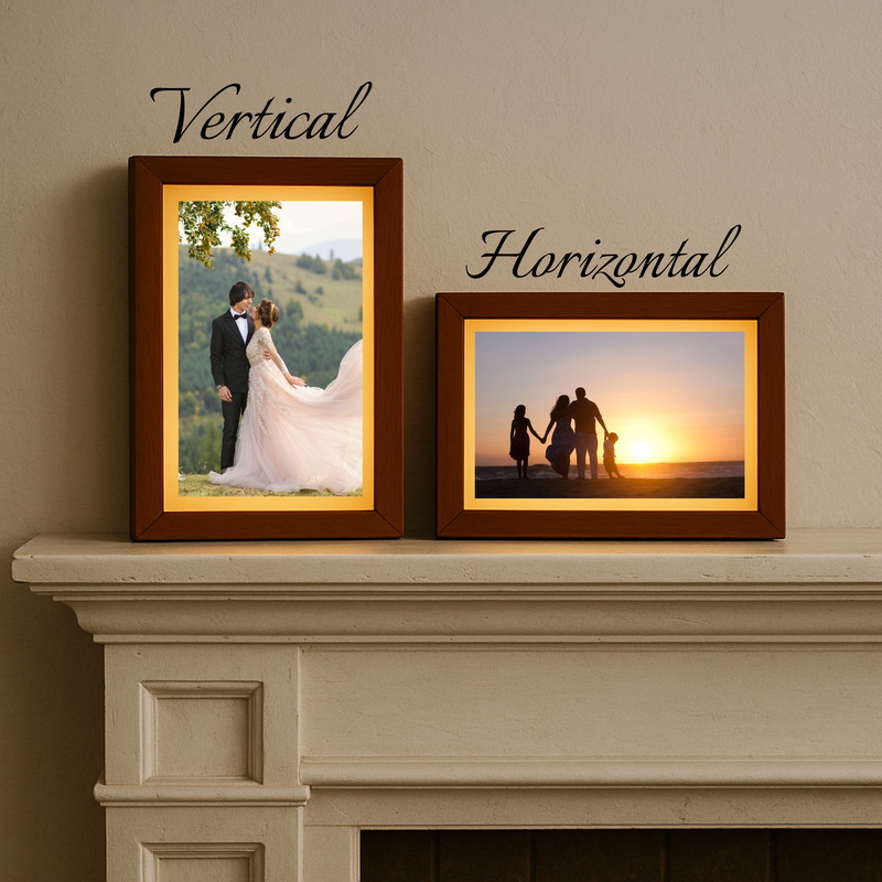 Two wood-framed photo displays with golden mats side by side on a mantel, showing vertical and horizontal orientation options with sample wedding and family photos.