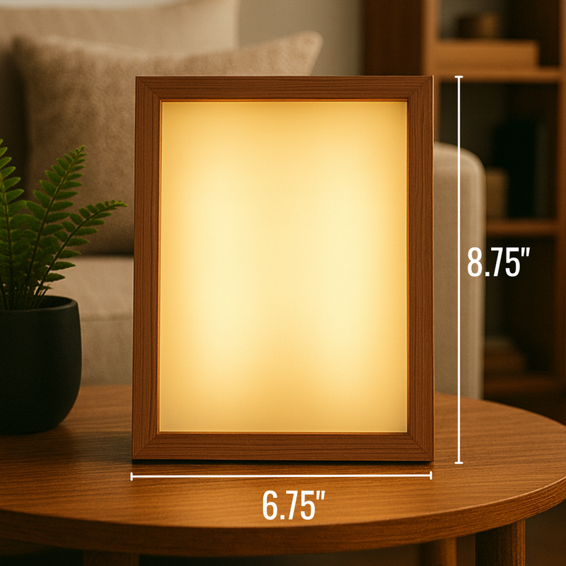 Wood-framed light-up photo frame with warm illuminated display, shown on table with dimensions 6.75" wide by 8.75" tall