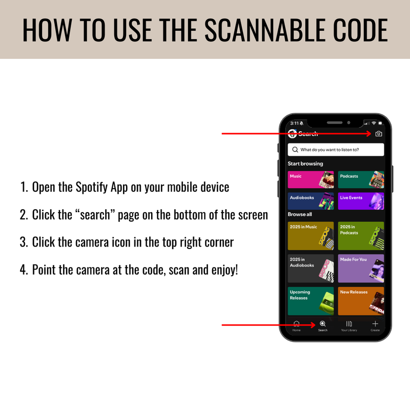 Instructional graphic showing four steps to scan a Spotify code using the Spotify mobile app camera feature