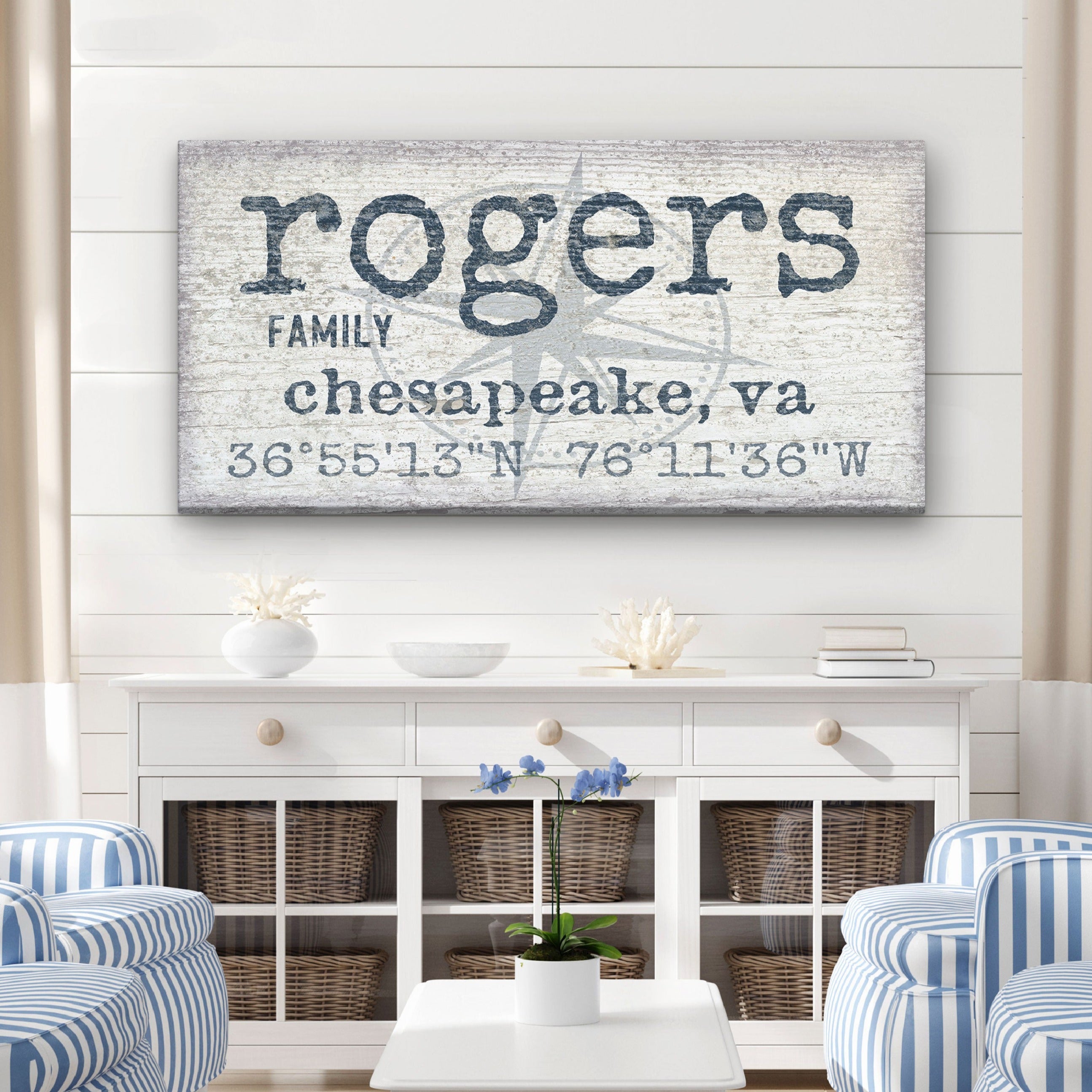 True North Personalized Canvas Sign — family name with GPS coordinates and compass rose watermark