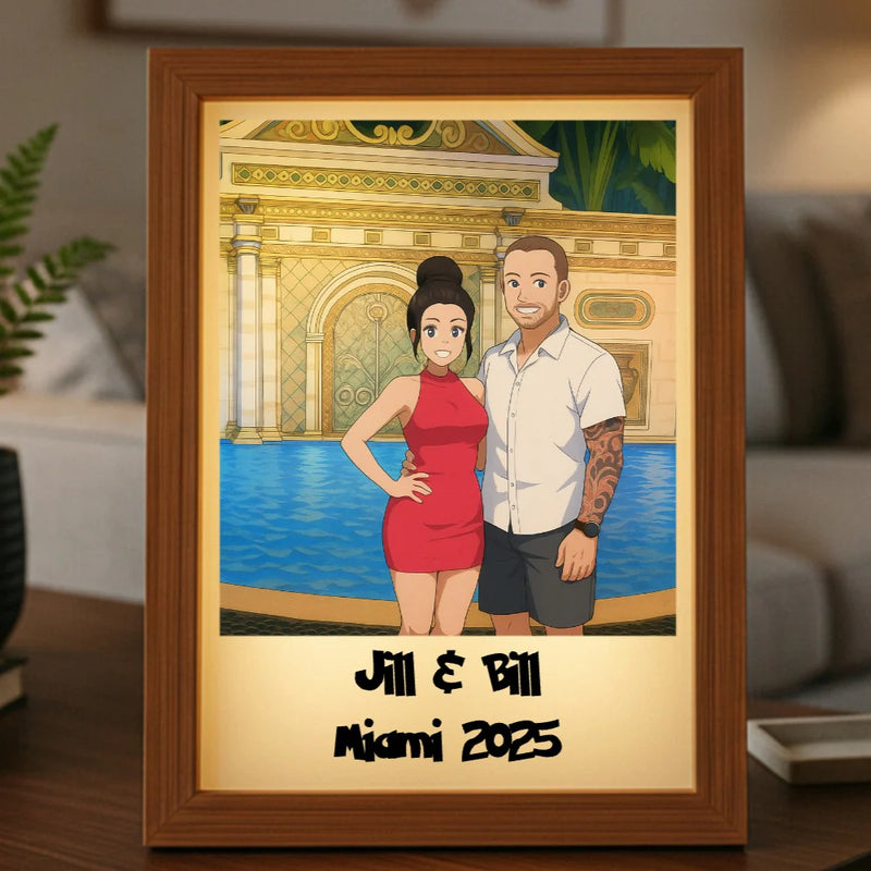 Framed anime portrait with sample names "Jill & Bill" and "Miami 2025" showing couple by pool with classical architecture background