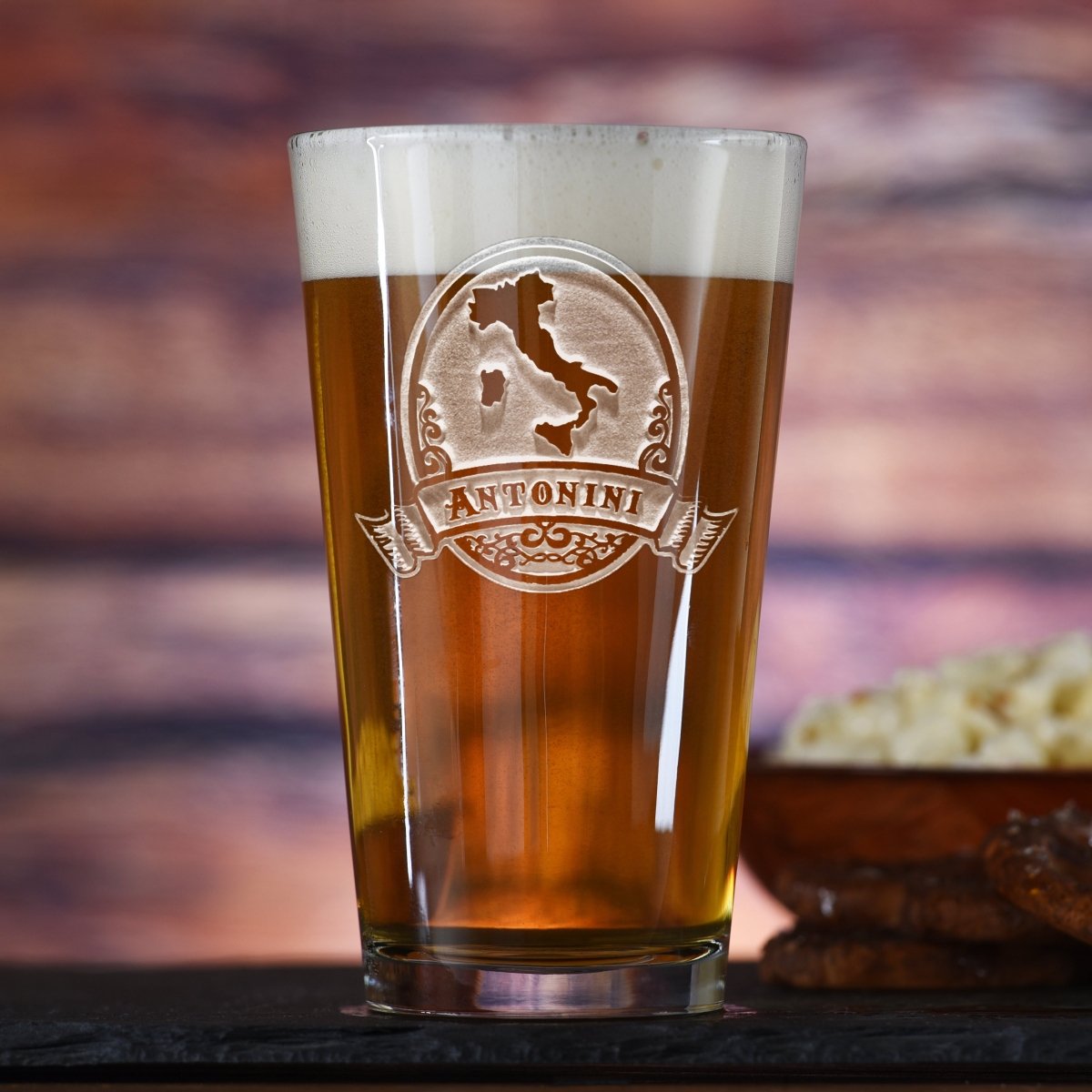 Tuscan personalized Italian pint glass with sand-carved Italian heritage design