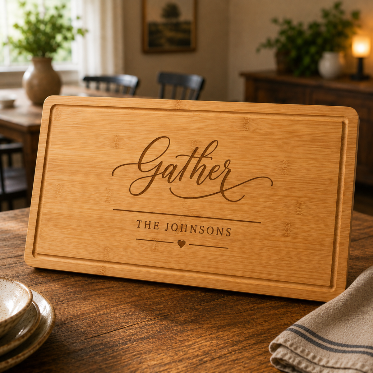Bamboo cutting board engraved with "Gather" in script lettering and "THE JOHNSONS" with a heart detail, displayed on a wooden table in a dining room setting
