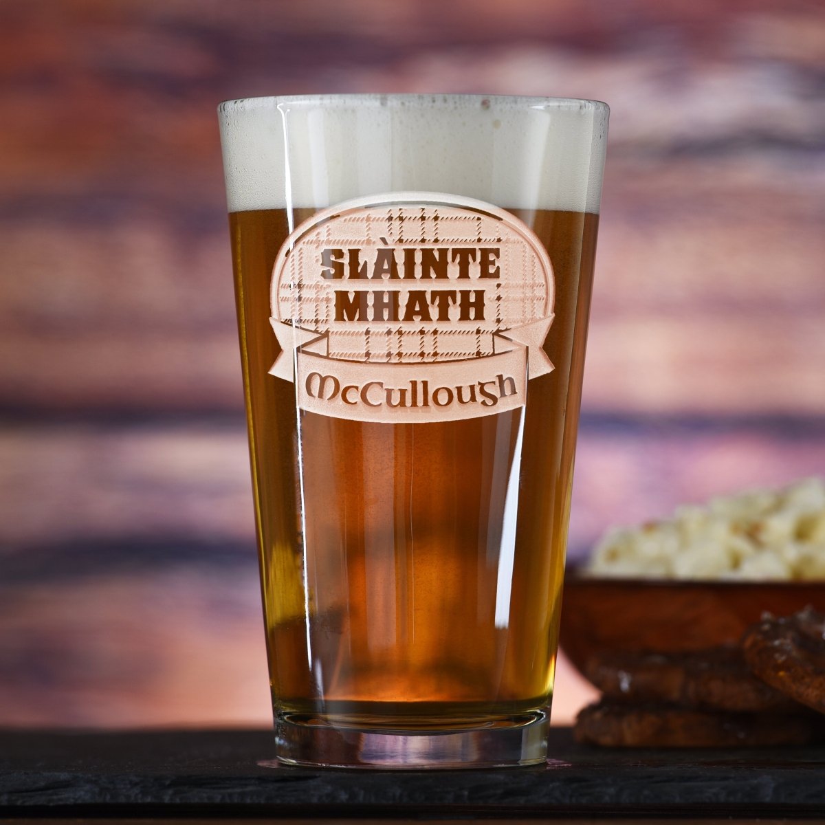 Highland Toast personalized Scottish pint glass with sand-carved Slainte Mhath
