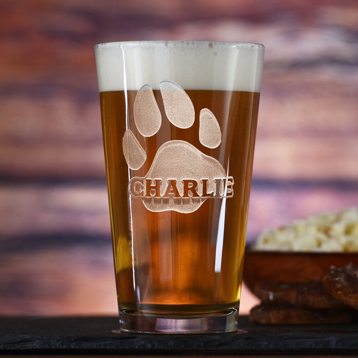 Paw Print personalized pint glass with sand-carved paw and dog's name
