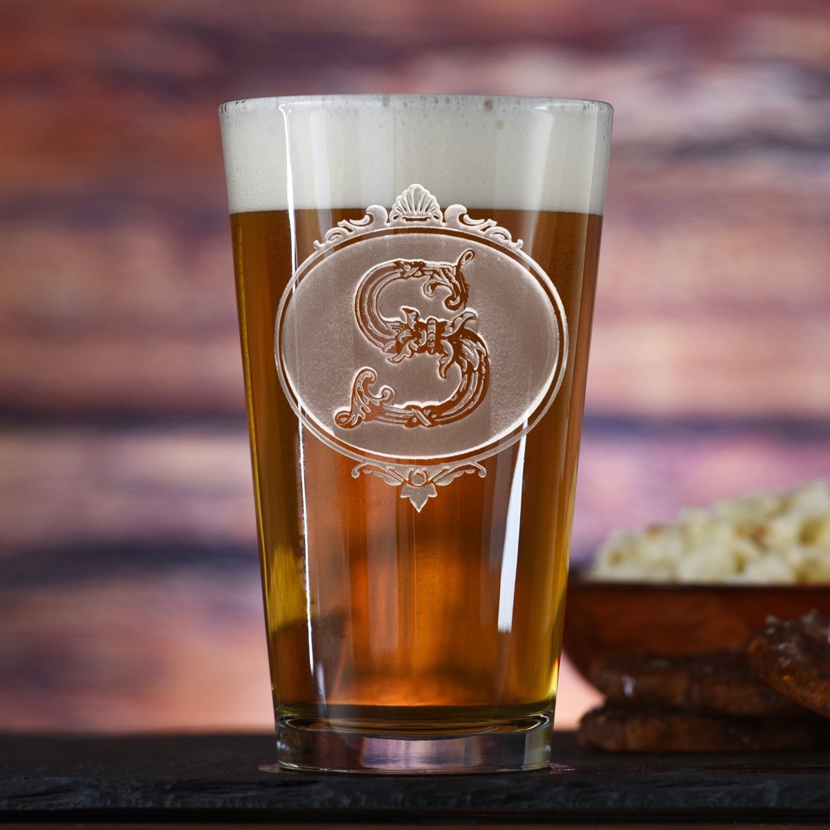 Filigree personalized initial pint glass with sand-carved filigree monogram