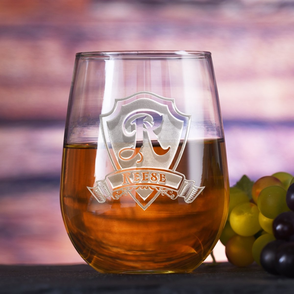 Heritage Crest Stemless Wine Glass with raised shield monogram and custom name