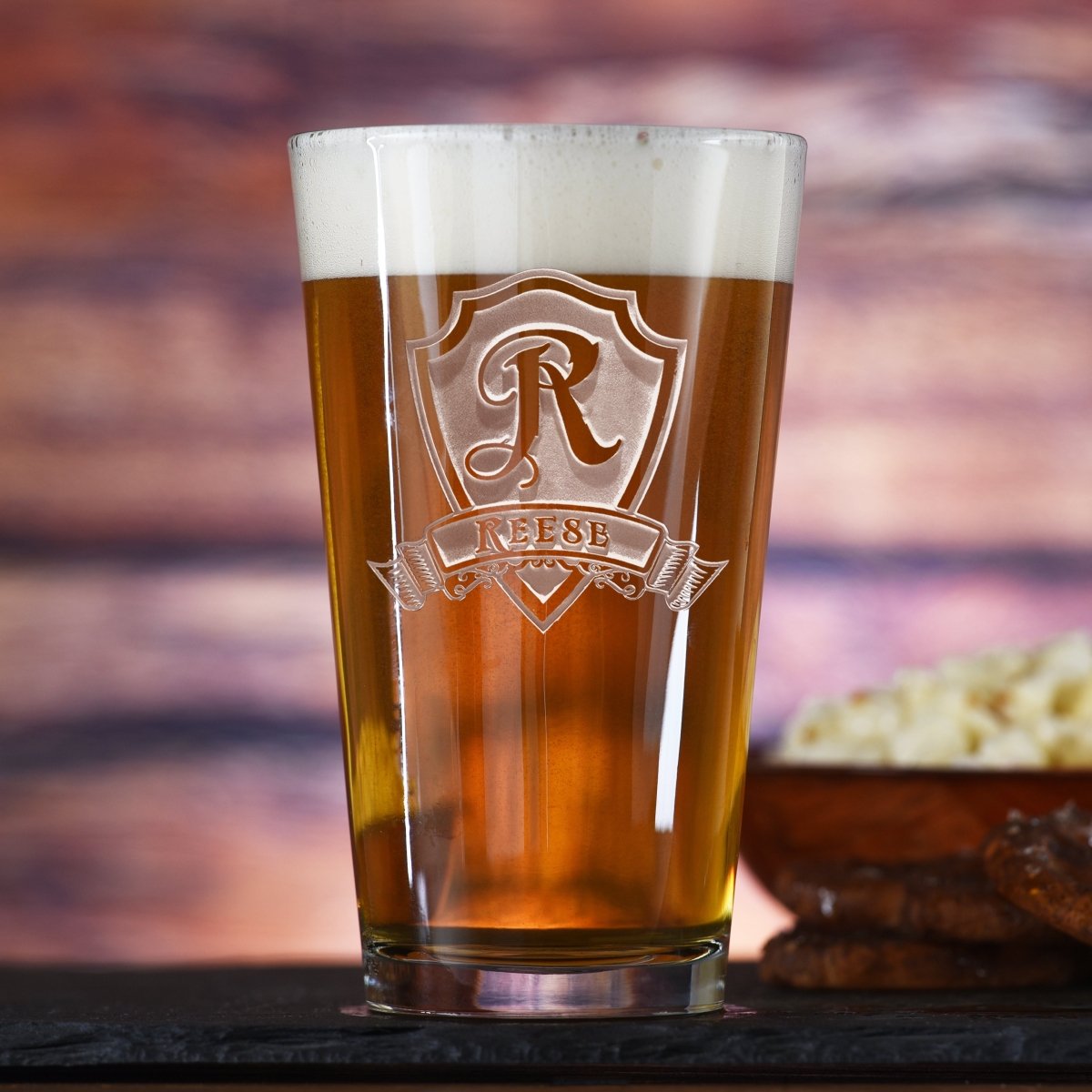 Royal Shield personalized pint glass with sand-carved heraldic shield