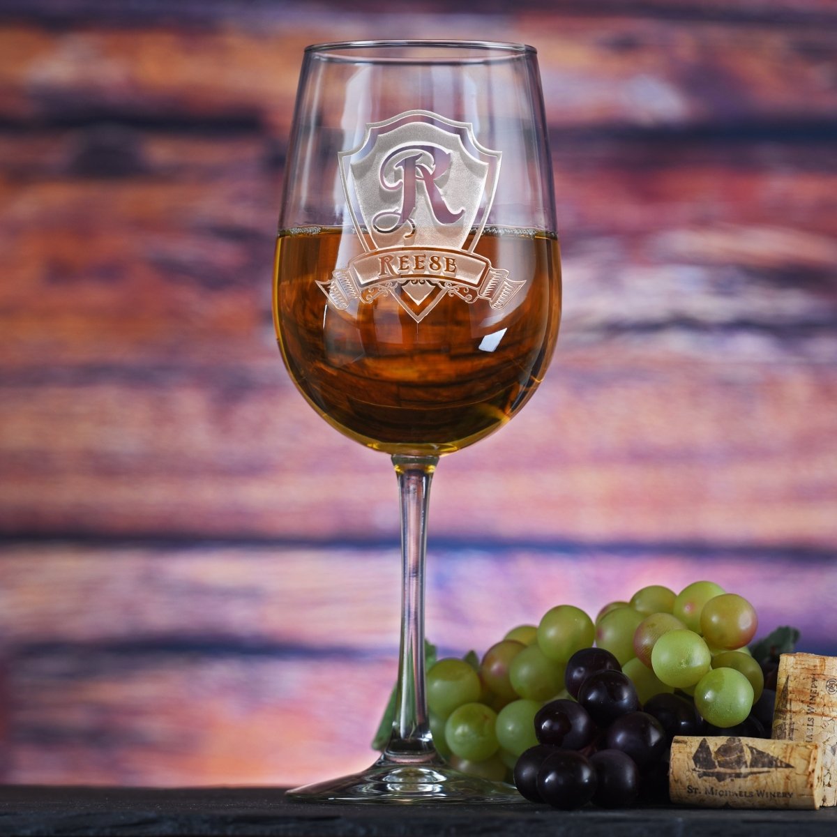 Heritage Crest personalized wine glass with custom-engraved initial and name