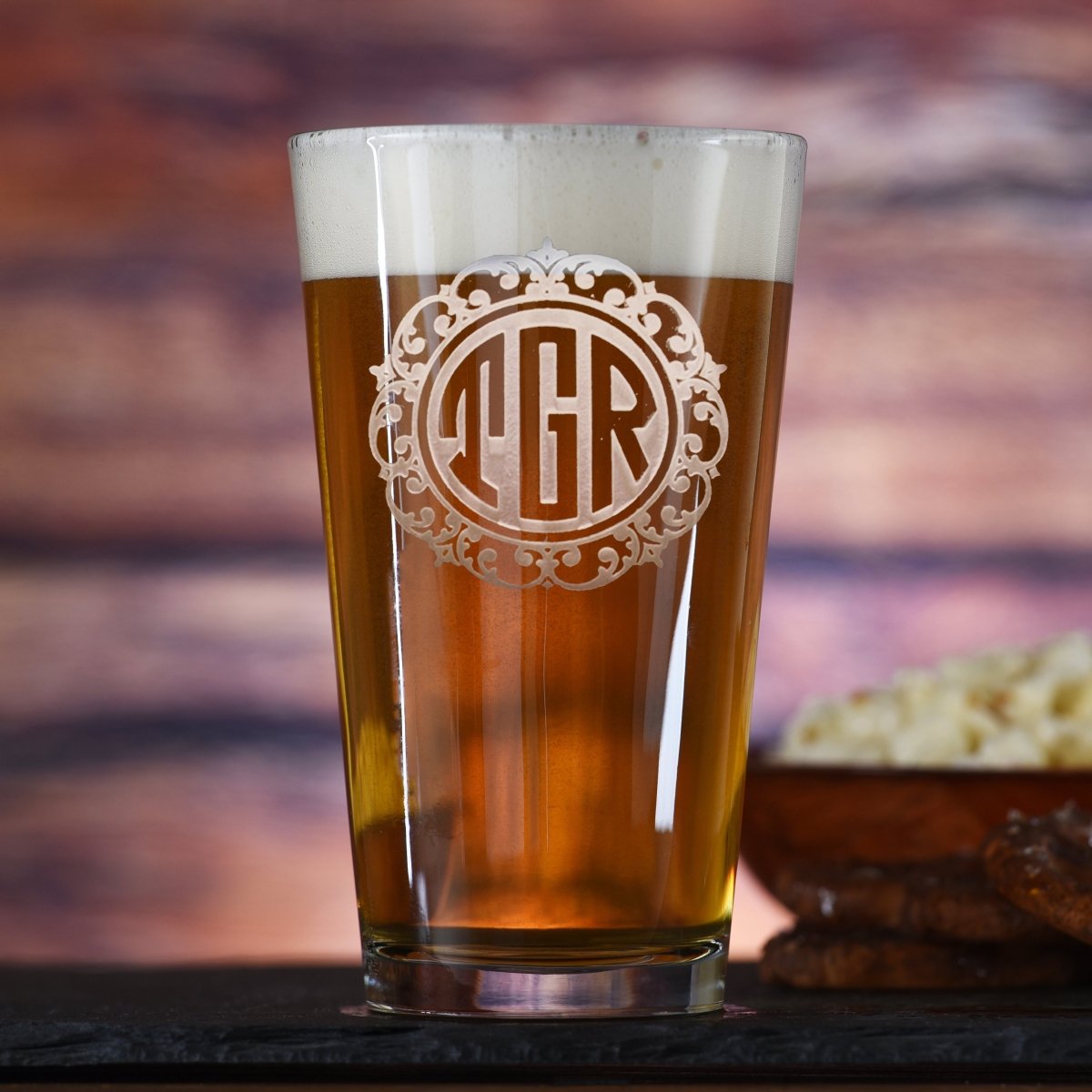 Initial Monogram personalized pint glass with sand-carved single initial