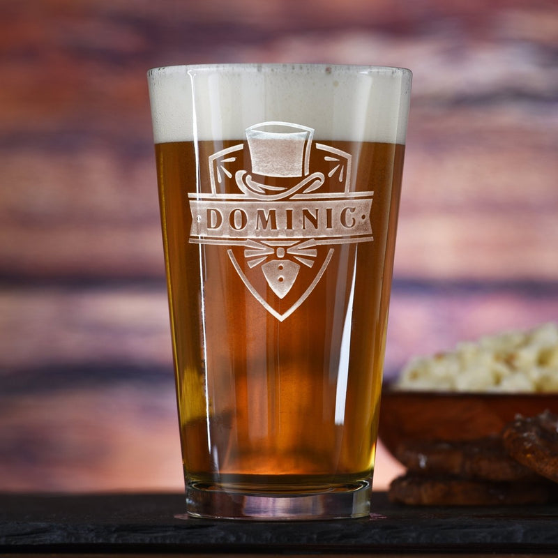 Top Hat personalized tuxedo pint glass with sand-carved top-hat design